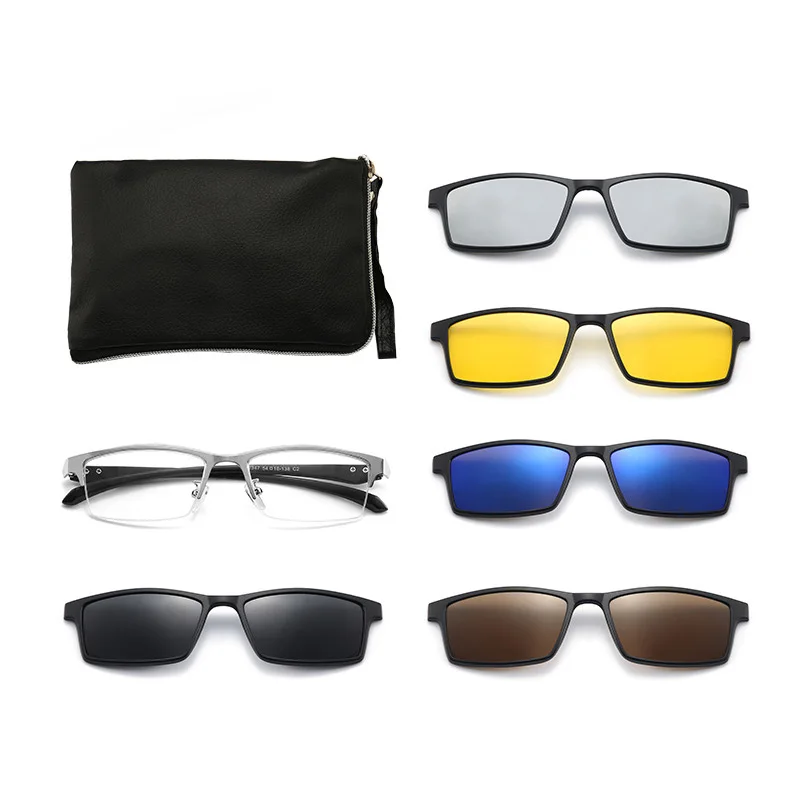 5 In 1 Rectangle Magnet Sunglasses Men Polarized Clip On Glasses for Men Half Metal Frame Male 0 Diopter Optic Myopia Eyewear