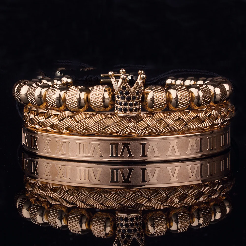 3pcs/Set Luxury Royal CZ King Crown Men Bracelets Roman Numeral Braided Adjustable Pulseira