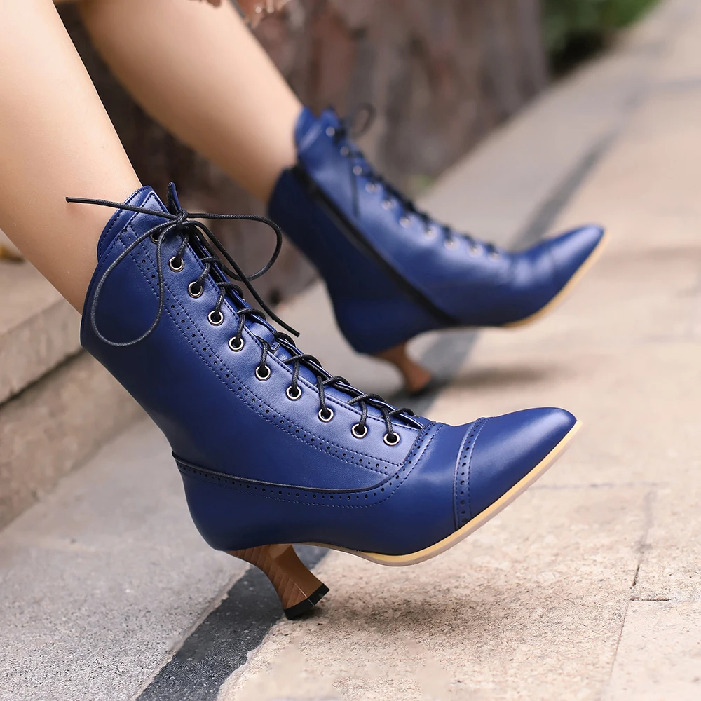 British Style Punk Noble Women Retro Knight booties Medieval Cross-tied Lace-up Ankle Boots Lady High Heel Shoes Boots for Women