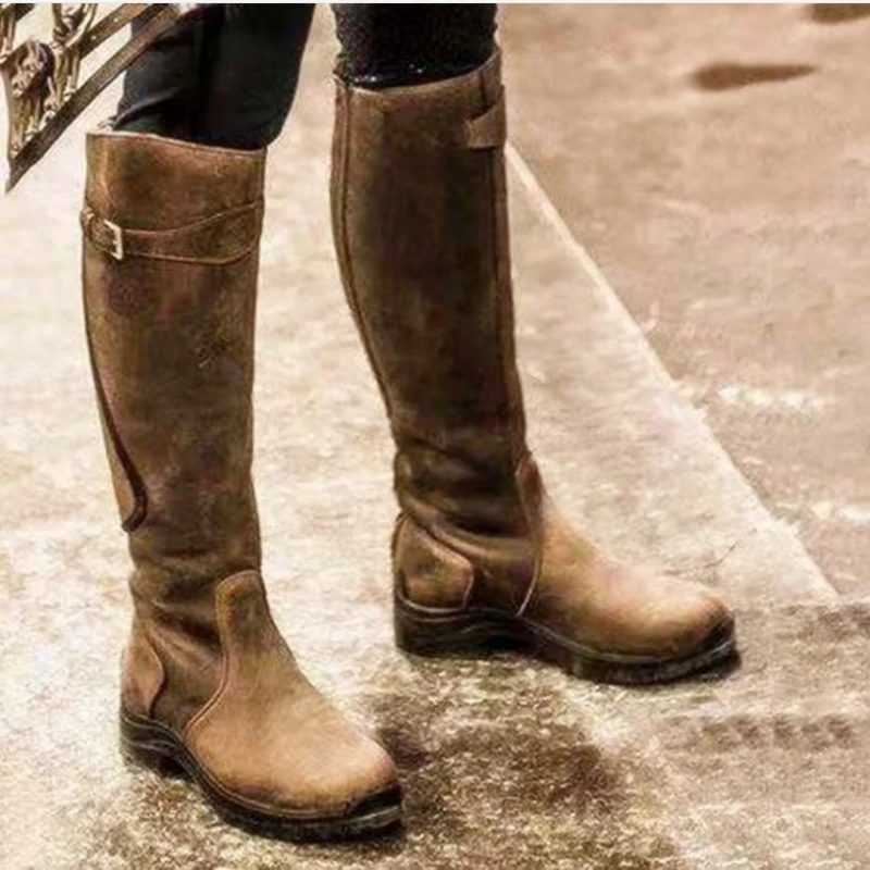 Women Autumn Winter Knee High Female Pleated Buckle Leather Zipper Flat Long Boots Plus Size 35-43 Botas De Mujer c1db