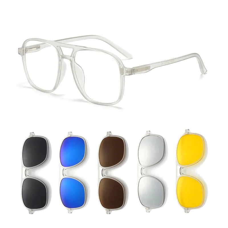 Transparent Frame Men Sunglasses Magnetic Clip 6 In 1 Magnetic Clip Glasses Square Women Polarized Eyeglass