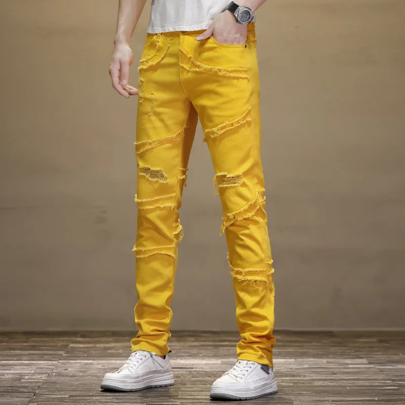 2023 Summer New Men's Stitching Ripped Jeans Yellow Casual Pants Slim Elastic Mid-Waist Small Foot Pants Street Wear