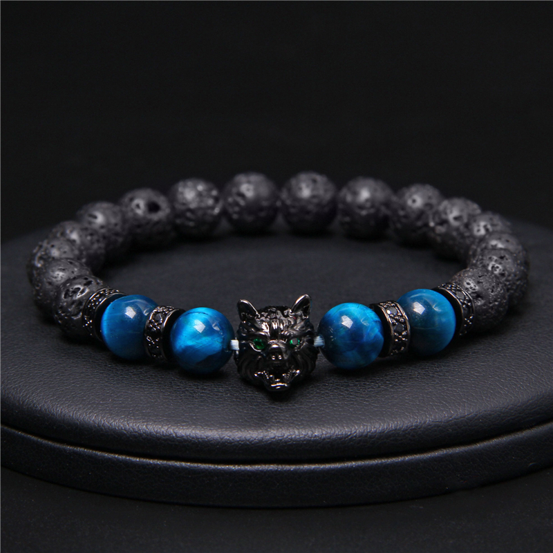 New Handmade 8mm Beaded Bracelet Men Natural Stone Blue Tiger Eye Beads Bracelet Black Wolf Head Charm Energy Bracelet Jewelry