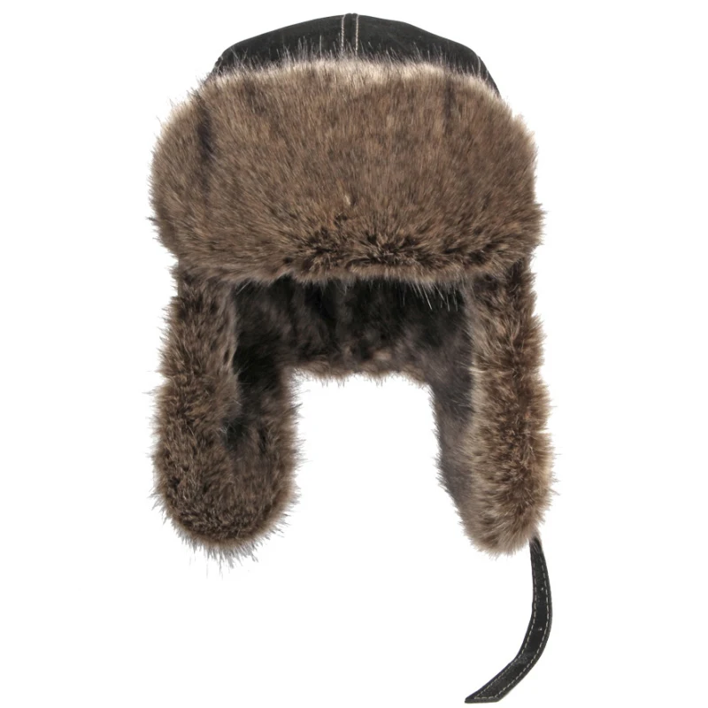 HT4098 Russian Hat Thick Warm Leather Winter Hat Men Women Windproof Fluffy Fur Bomber Hat Ski Earflap Cap Russian Ushanka Hat