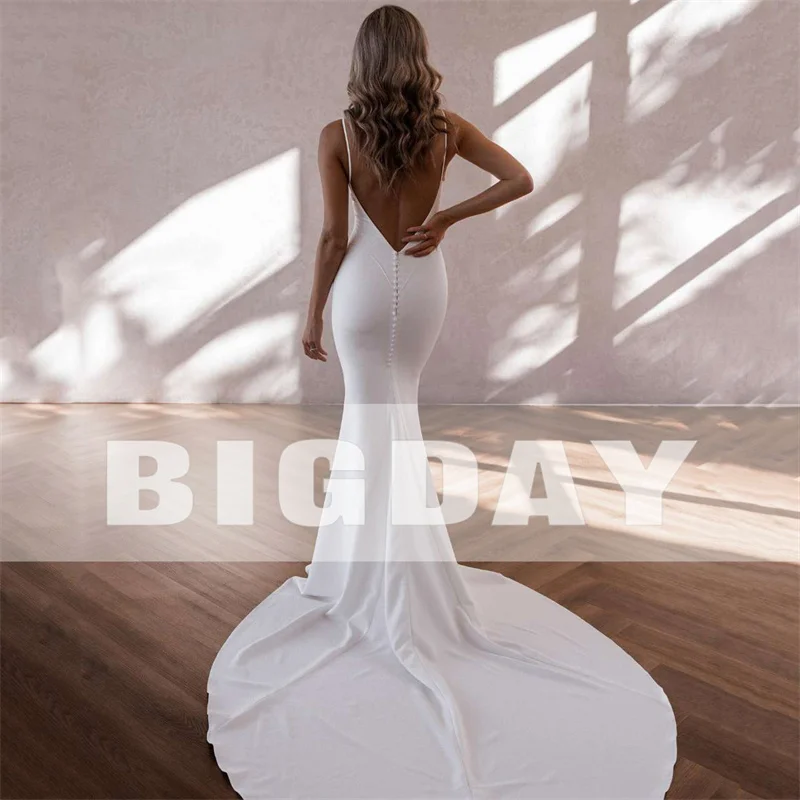 Elegant Mermaid Wedding Dresses Women Open Back V-Neck Spaghetti Straps Satin Simple Bridal Gowns Sweep Train Vestidos De Noiva
