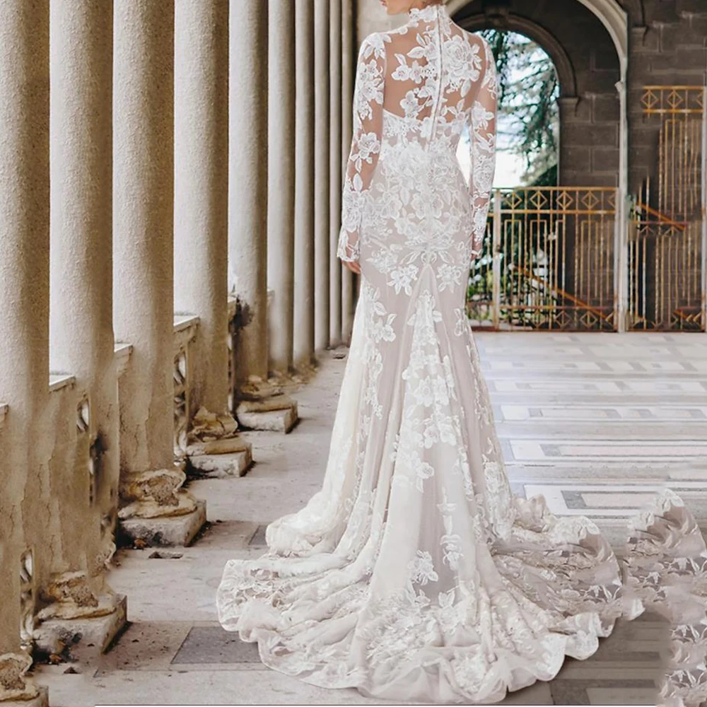 Mermaid Trumpet Wedding Dresses High Neck Court Train Lace Tulle Long Sleeve Romantic Sexy See-Through with Appliques Party