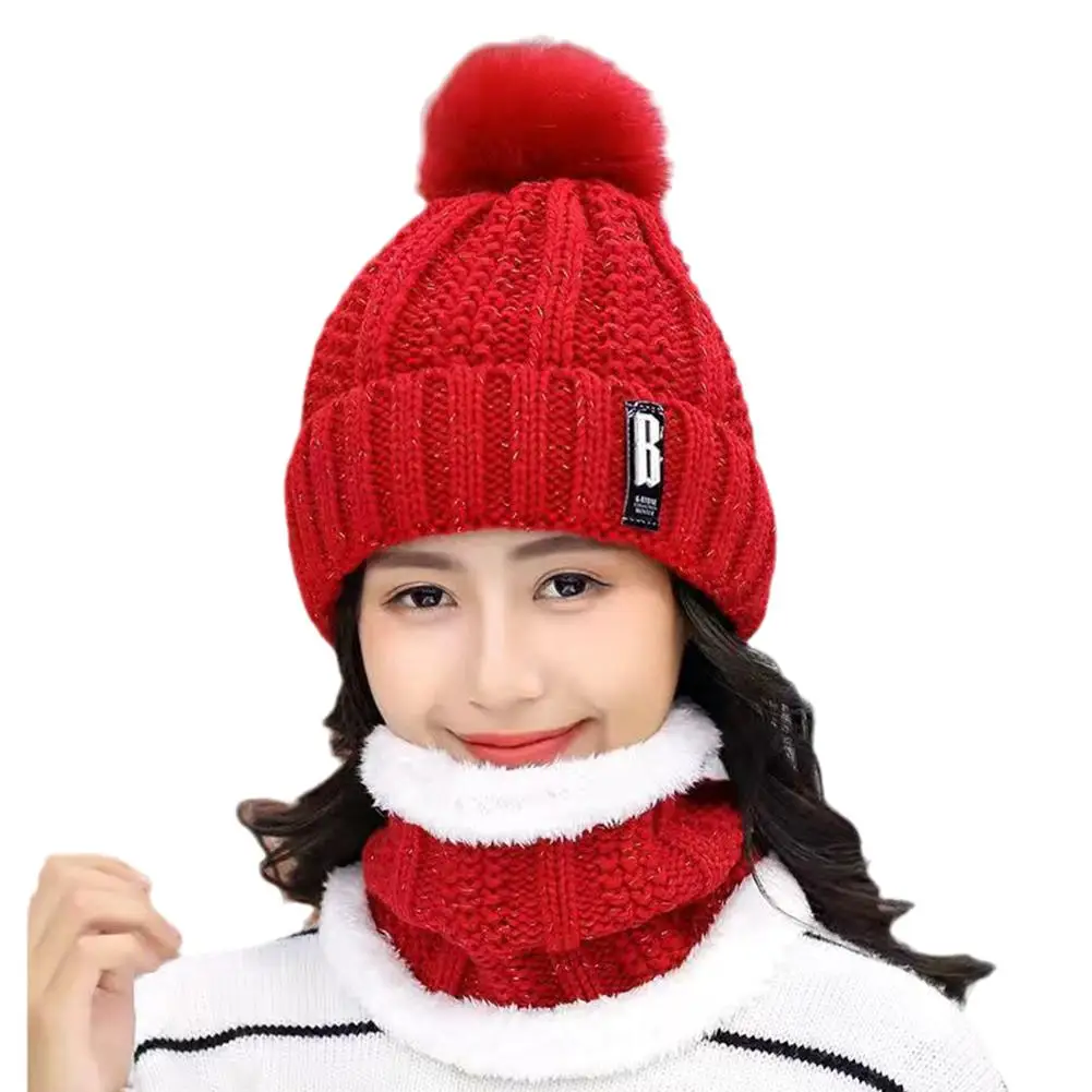 Brand Winter Knitted Scarf Hat Set Thick Warm Skullies Beanies Hats for Women Solid Outdoor Snow Riding Ski Bonnet Caps Girl
