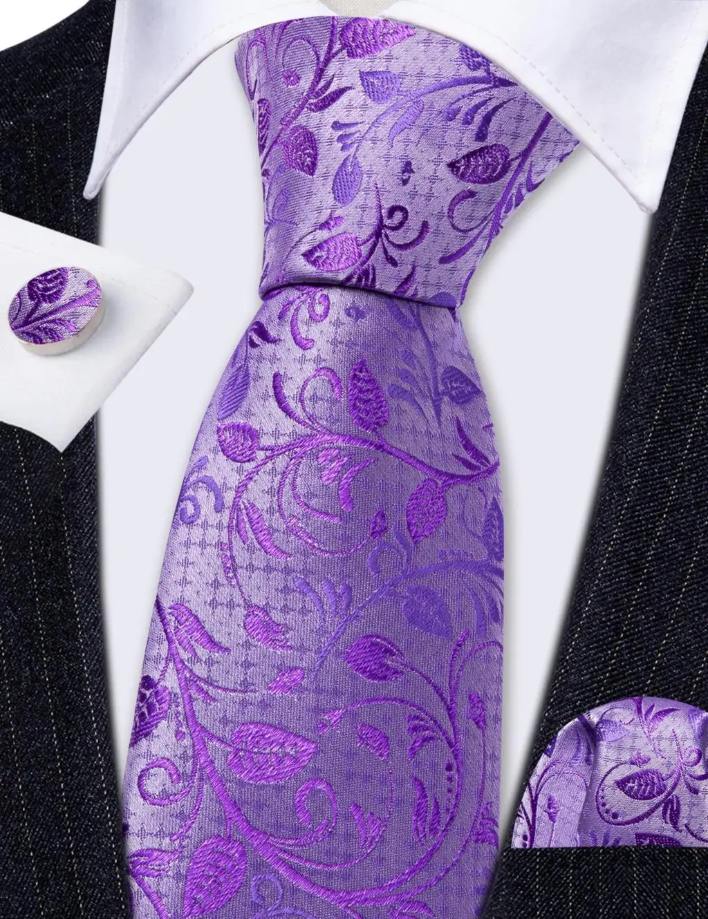 Purple Floral Men's Tie With Pocket Square Cufflink Sets Exquisiet Silk Suit Necktie For Male Wedding Designer Party Barry.Wang