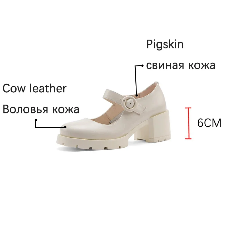 2024 New Cow Leather Mary Jane Women's Shoes LEISURE Buckle Platform Shoes Shallow Pumps Round Toe Shoes Woman Zapatos De Mujer