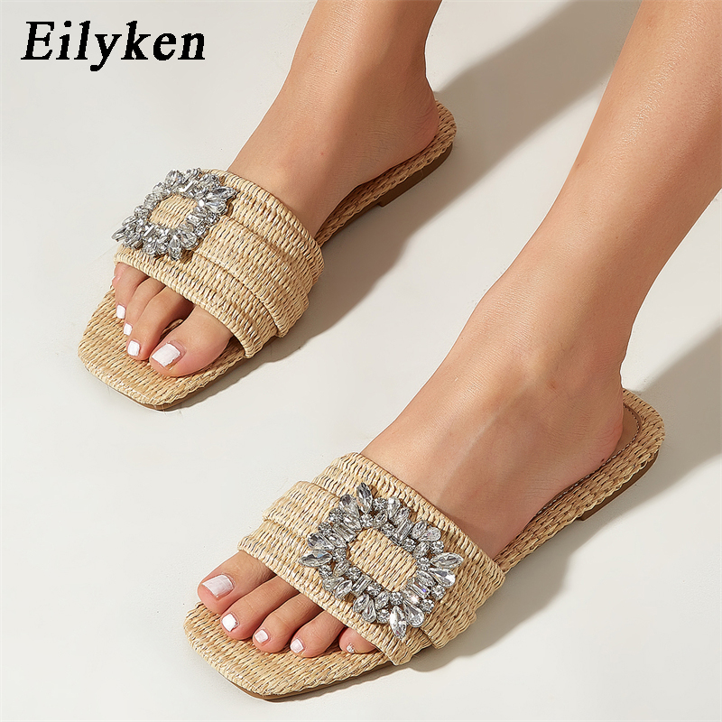 Eilyken Summer Glitter Rhie Women Slippers Bright Dia Flat Bottom Cane Crystal Sandals Beach Slides Shoes atos muje