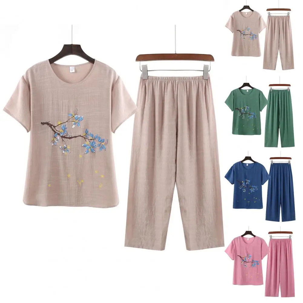 2 Pcs/Set Women Top Pants Set O Neck Flower Print Grandma Style Elastic Waist Grandmother Summer Pajamas Set for Daily Wear