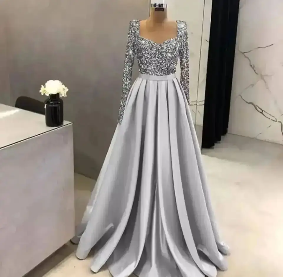 Elegant Muslim Sequin Evening Night Dresses for Women 2024 Long Sleeves Sweetheart Aline Satin Wedding Prom Formal Party Gowns