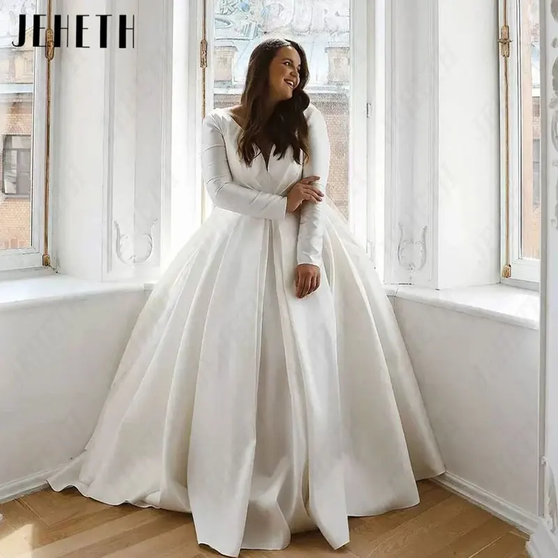 JEHETH Full 2025 Sleeves V-Neck Wedding new Dresses Plus Size Simple A-Line Satin Bridal Gowns For Woman Sexy Classic Vestido De Mariages