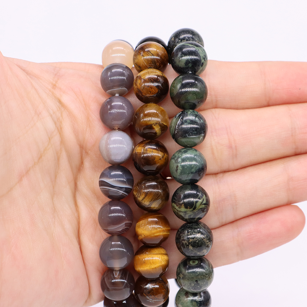 Polished Round Beads Bracelet Natural Stones Tiger Eye Volcanic Lava Amethyst Healing Crystal Wrist Chain Women Men Jewelry
