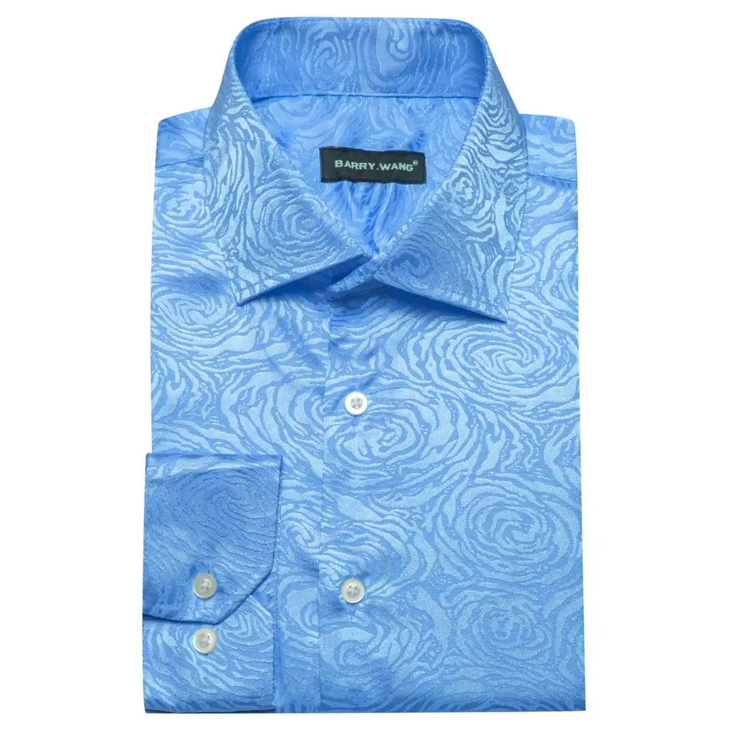 Luxury Shirts for Men Silk Satin Sky Blue Solid Long Sleeve Male Blouses Casual Lapel Tops Breathable Streetwear Barry Wang