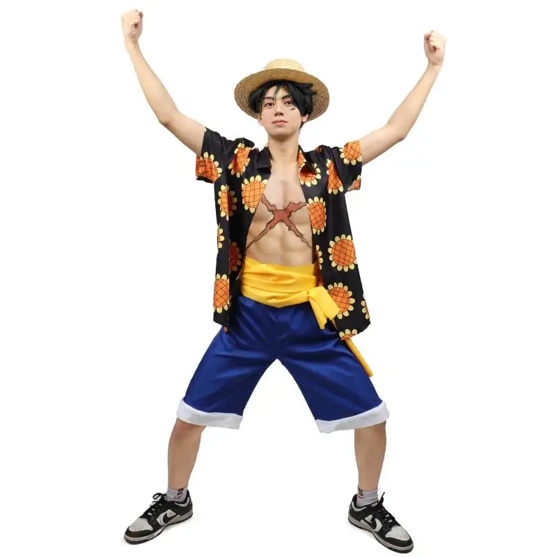 2025 DAZCOS Hot Anime Luffy Cosplay Men Shirt Summer Daily Wear Stage new Performance Halloween Suower Shirt Short with Sash