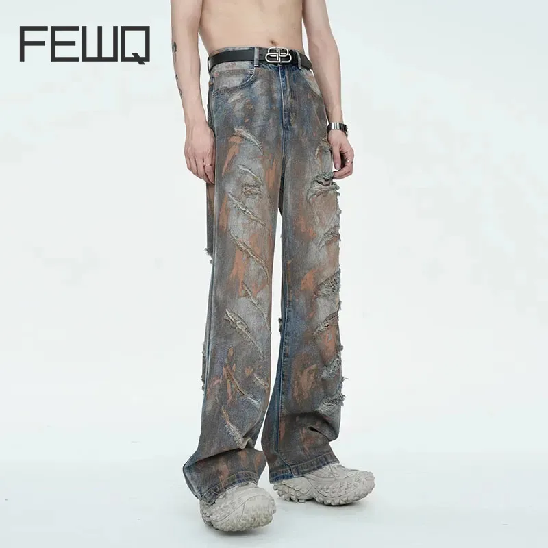 FEWQ American Style Men Jeans Autumn Trend Streetwear 2025 Niche Men Torn Holes Painted Old Pants 2023 Male new Trouser 24X2108