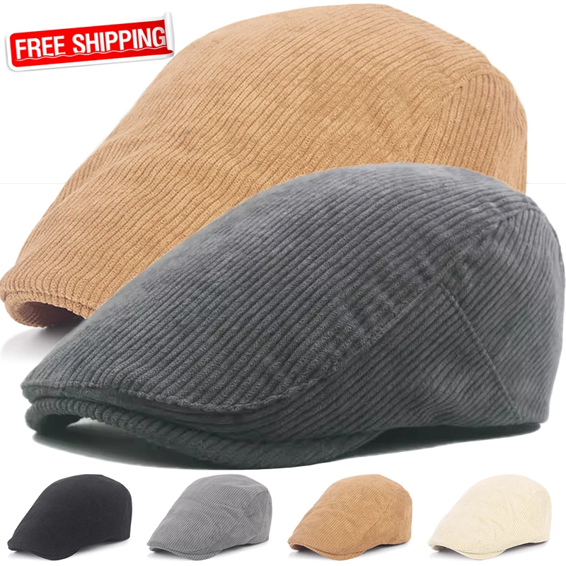 Autumn Corduroy Beret Hat for Men Sun Hats Solid Color Berets Vintage Newsboy Caps Flat Ivy Casquette Adjustable Cabbie Hat