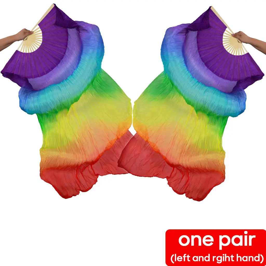 Belly Dance Rainbow Color Silk Fan 1 Pair Gradient Color Dancer Practice Long 120cm 150cm 180cm Real Silk Veil Fans