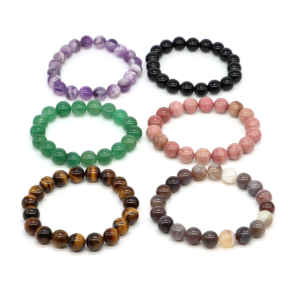 Polished Round Beads Bracelet Natural Stones Tiger Eye Volcanic Lava Amethyst Healing Crystal Wrist Chain Women Men Jewelry