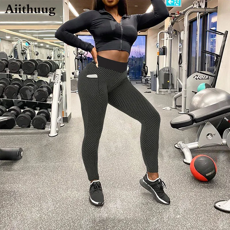 Aiithuug High Waist Yoga Pants Tummy Control Slimming Textured Booty Leggings Running Workout Ruched Butt Lift Pants Women