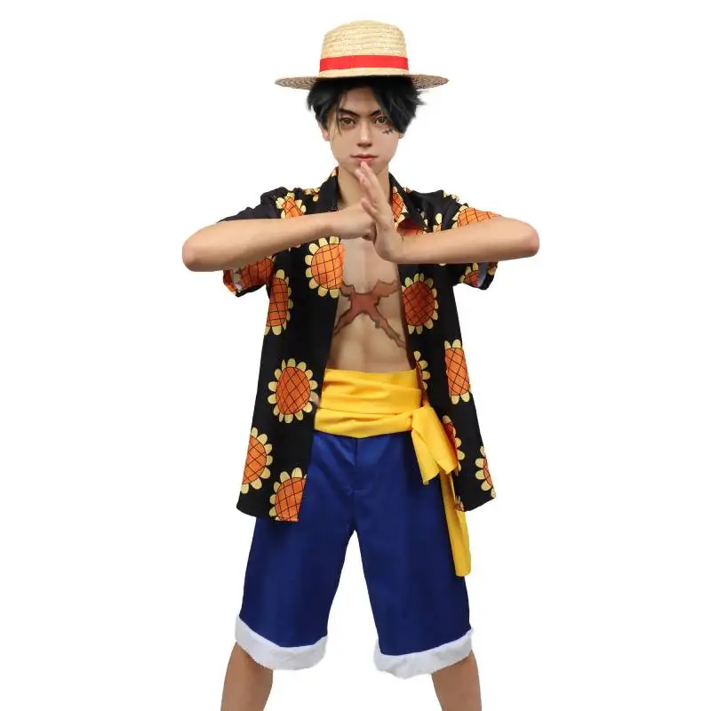 2025 DAZCOS Hot Anime Luffy Cosplay Men Shirt Summer Daily Wear Stage new Performance Halloween Suower Shirt Short with Sash