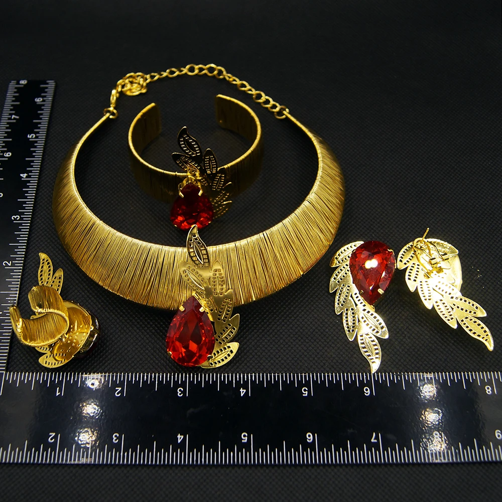 Classic Brazilian Gold Style Woman Jewelry Set Original Gold Plated 24K Necklace Luxury Ruby Pendant Earrings Bracelet SYHOL