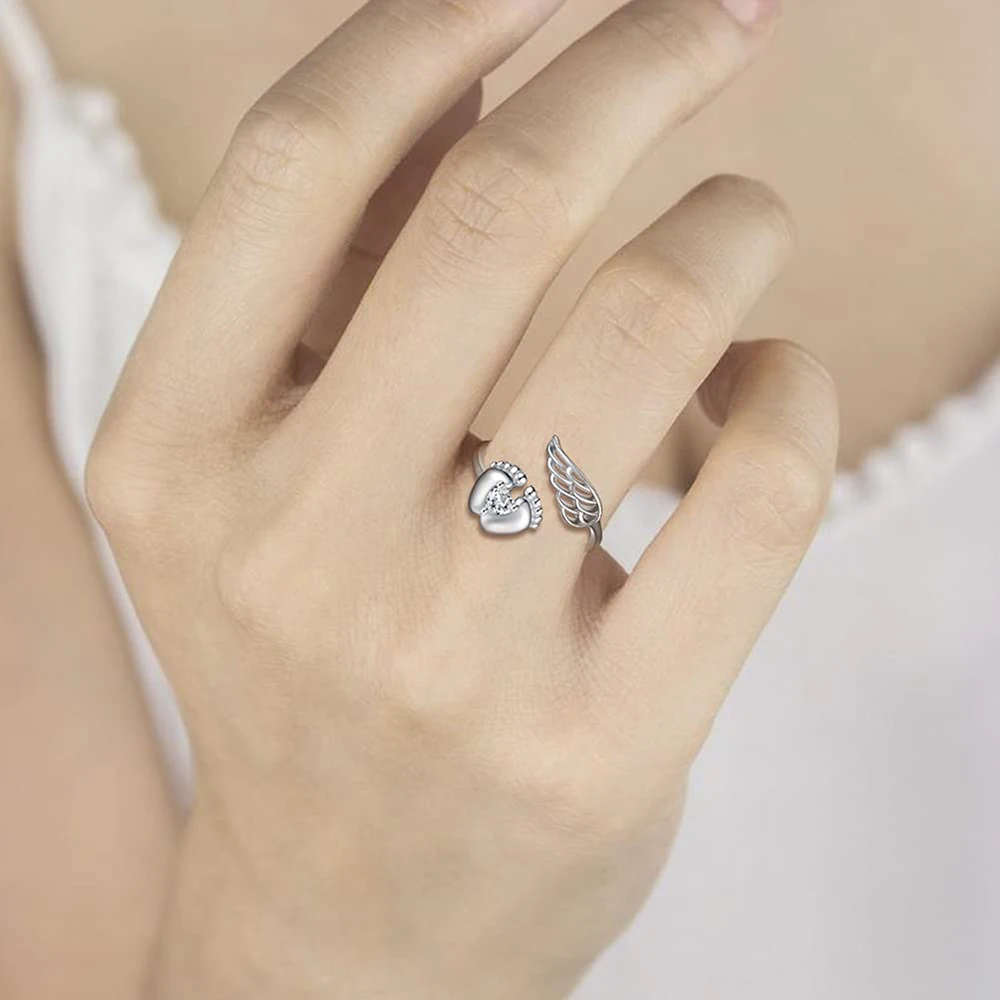 Personalized Sterling Silver Angel Wings&Baby Feet Miscarriage Ring -Loss of Pregnancy Rings Jewelry Memorial Gift for Women Mom