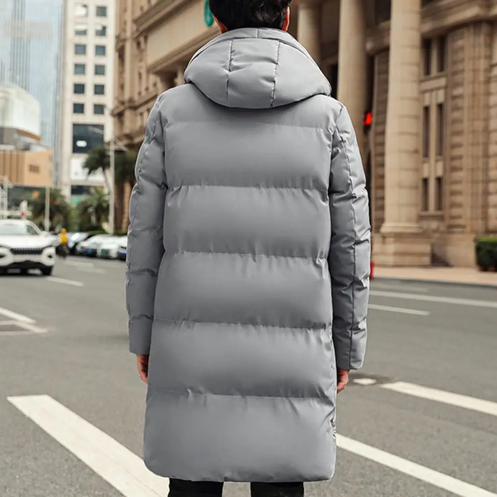 Midi Length Men's Down Coat Hooded Thickened Solid Color Padded Cardigan Keep Warm Zip Up Plus Size Men Winter Coat