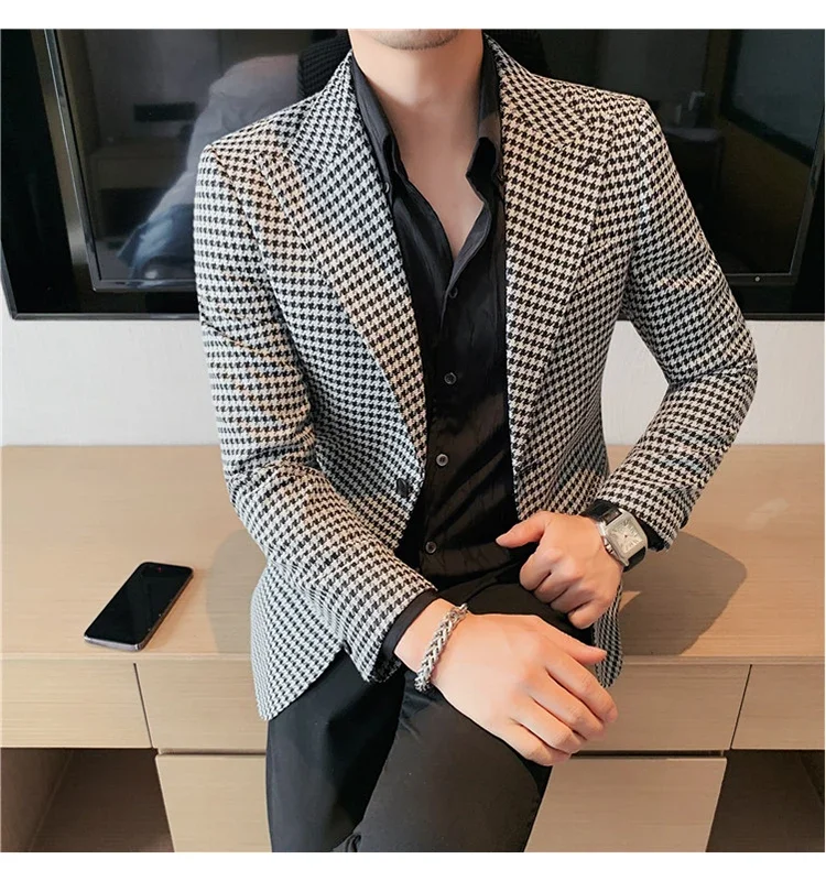 Houndstooth Men's Blazer British's Style Casual Slim Fit Suit Jacket Male Plaid Blazers 1 Pc Single Breasted Men Coat 2024