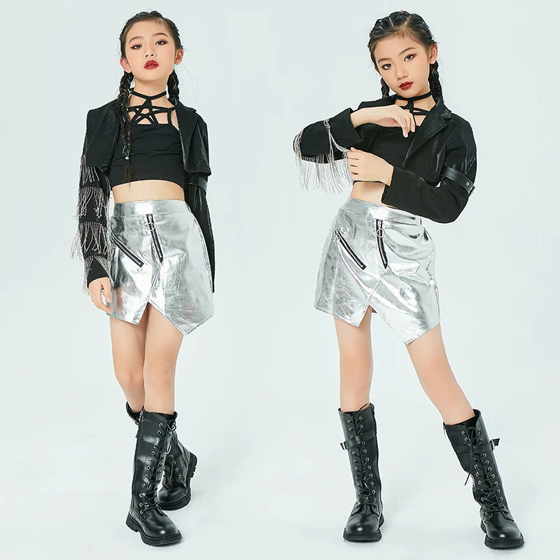 Clothing Stage Outfit Kids Modern Street Dance Wear Jazz Costume Fringe Jacket Silver Skirt Girls Hip Hop Performance