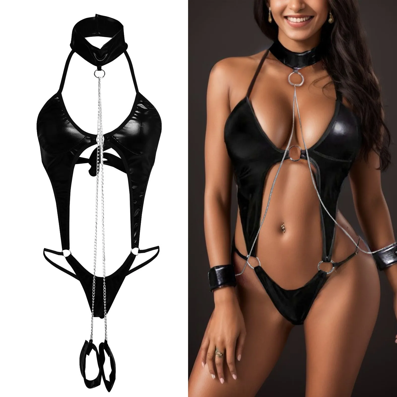 Bodysuit Women Oversized Black Patent Leather Sexy Lingerie Catsuit Latex Tempting Exciting Sleepwear Naughty Underwear Women