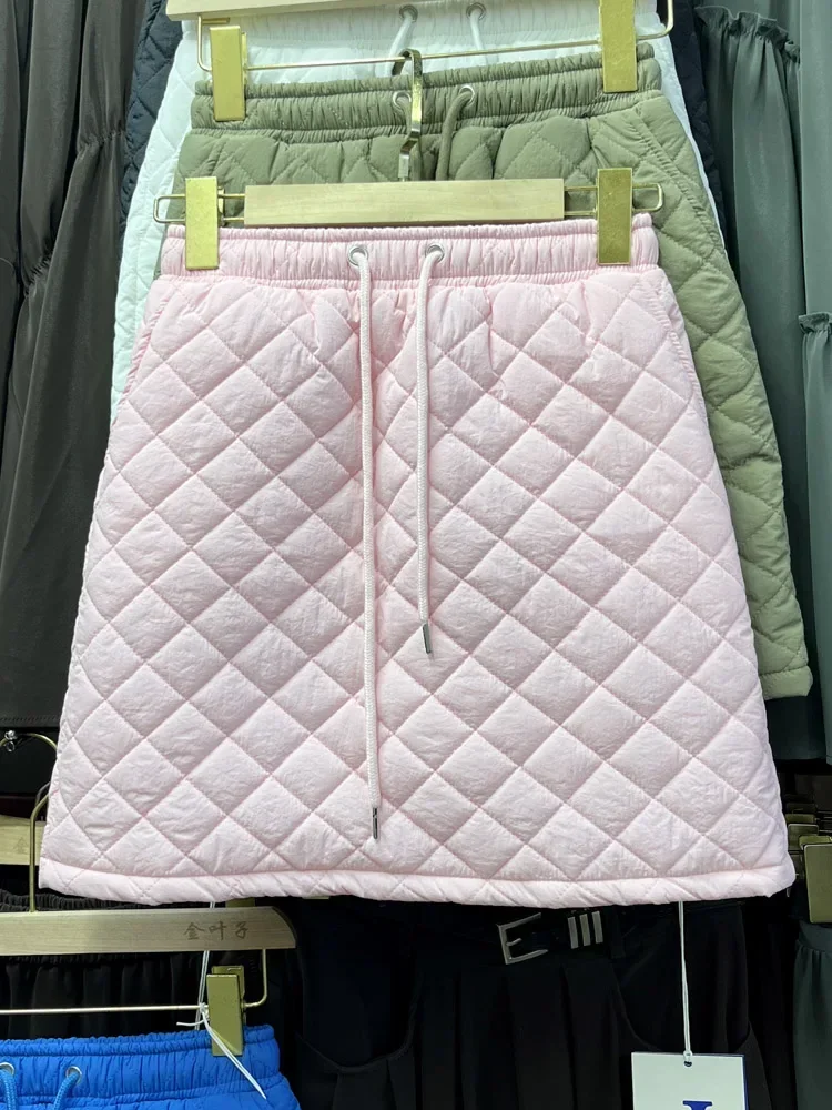Casual Skirt Shirring Solid Plaid Quilted Elastic High Waist Women's Clothing Korean Style A-line Warm Skirts Autumn Dropship