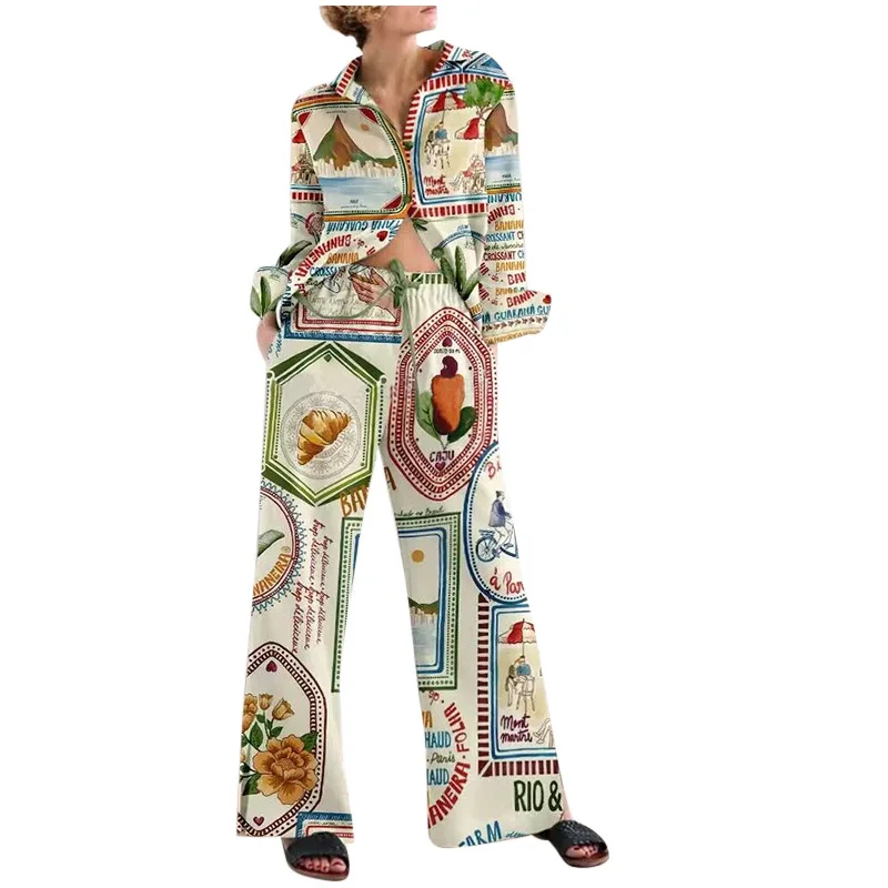 Two-Piece Set Women Geometric Print 2025 new Shirt Pants Set,Long Sleeve,Polo,Button,Loose Shirt,Top,Wide Leg Trousers,Linen,Blouse Suits