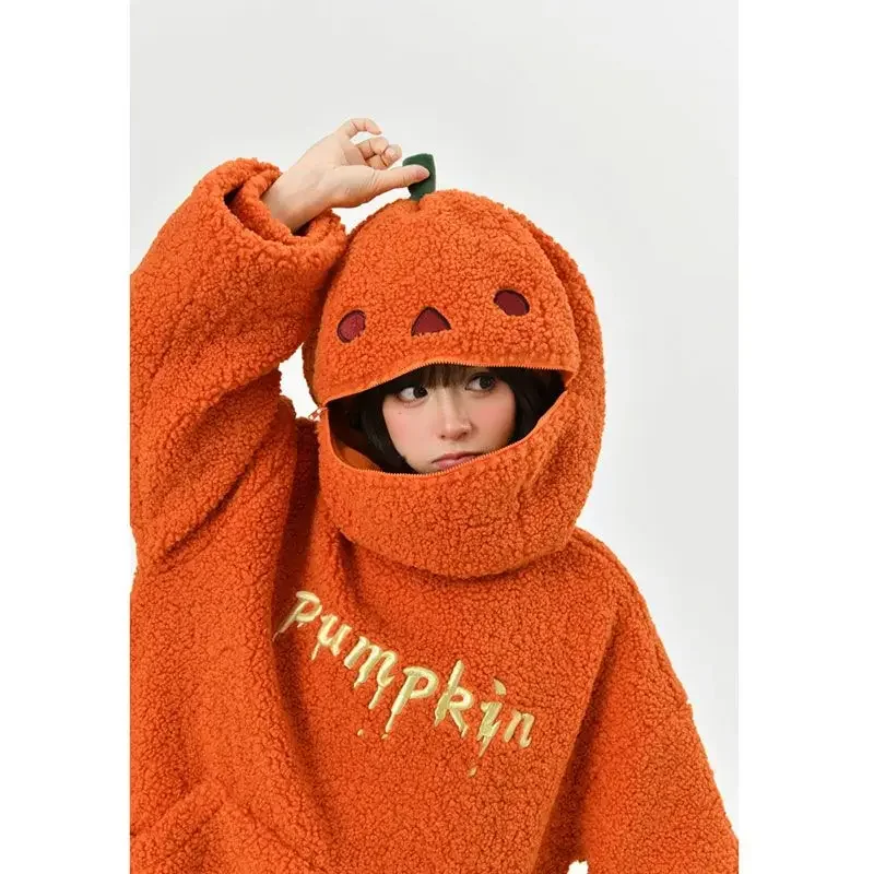 Deeptown Kawaii Plush Pumpkin Hoodies Women Toy Funny Halloween Berber Fleece Jacket Oversized Cutecore Christmas Winter Clothes