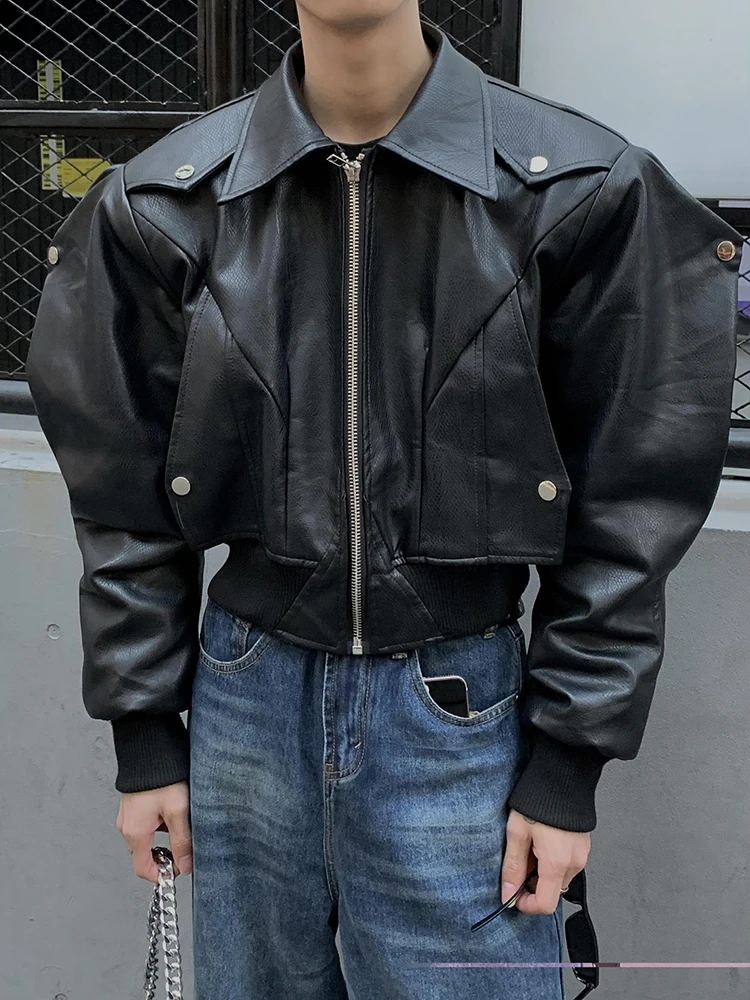 Mauroicardi Spring Autumn Cool Waterproof Black Pu 2025 Leather Jacket new Men Shoulder Pads Long Sleeve Zipper Designer Clothes