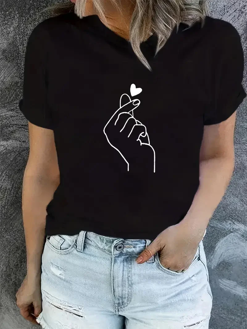 Women T Shirt Cute Finger Heart 2025 Print Tops Tee Black T-shirt Female Summer T-shirt 90s Girls Graphic Female Cute new Short Sleeves