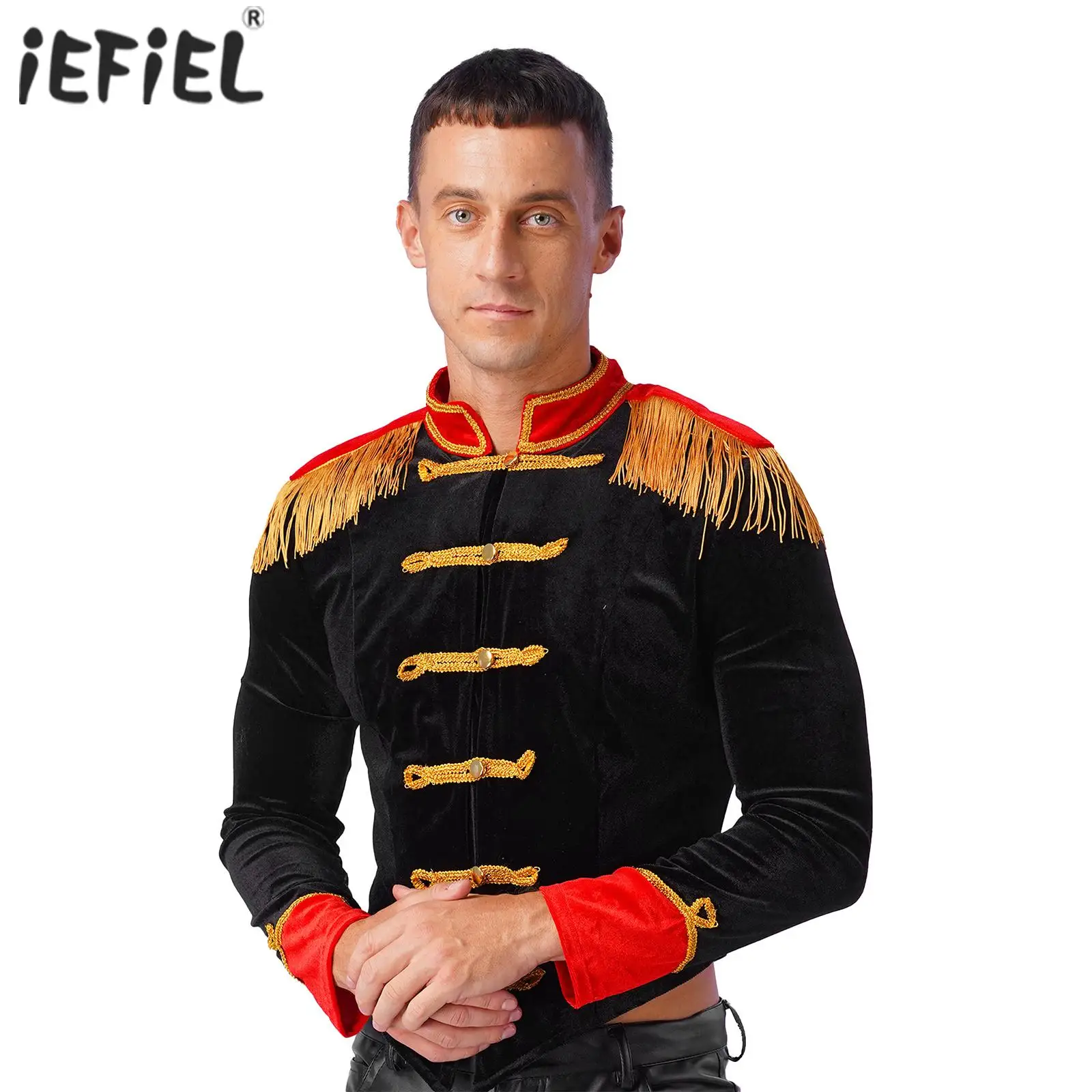 Mens Circus Ringmaster Roleplay Costume Halloween Circus Cosplay Costume Stand Collar Fringed Shoulder Board Velvet Jacket Coat