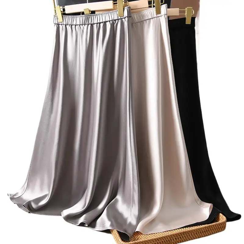 Glossy Acetic Acid Satin Skirt Women's 2023 Spring Autumn New Mid Length Elegant Mature Series Dropped Slim A-line Skirt 6XL smile