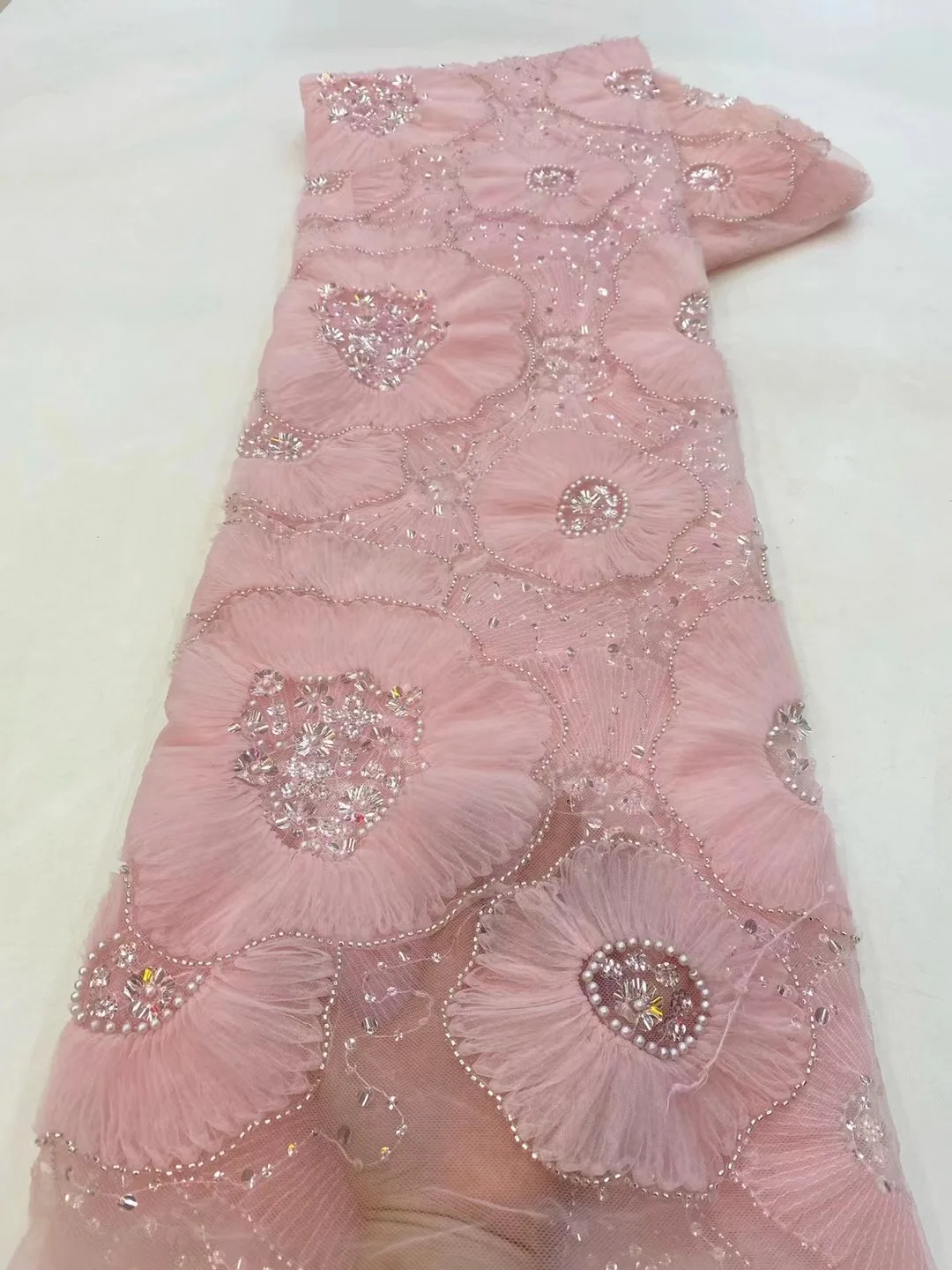Handmade French Tulle Lace Fabric 2024 High Quality 3D Flower Embroidery African new Beads Lace Fabric 2025 for Women Dresses VXZ5667