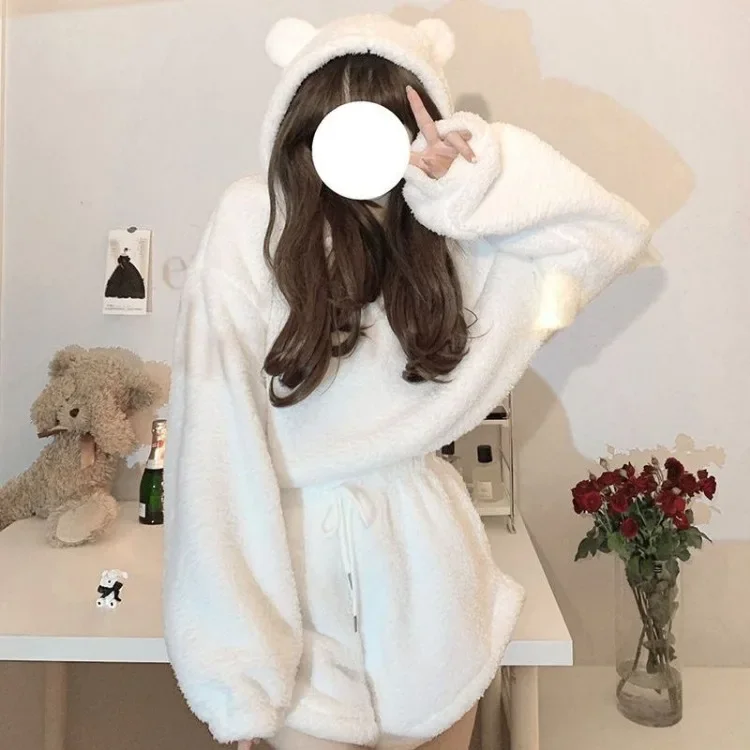 Korean Fluffy Long Sleeve Polar Fleece Hooded Tops Women+ Y2k E-Girl High Waist Shorts 2024 Winter New Two Piece Sets
