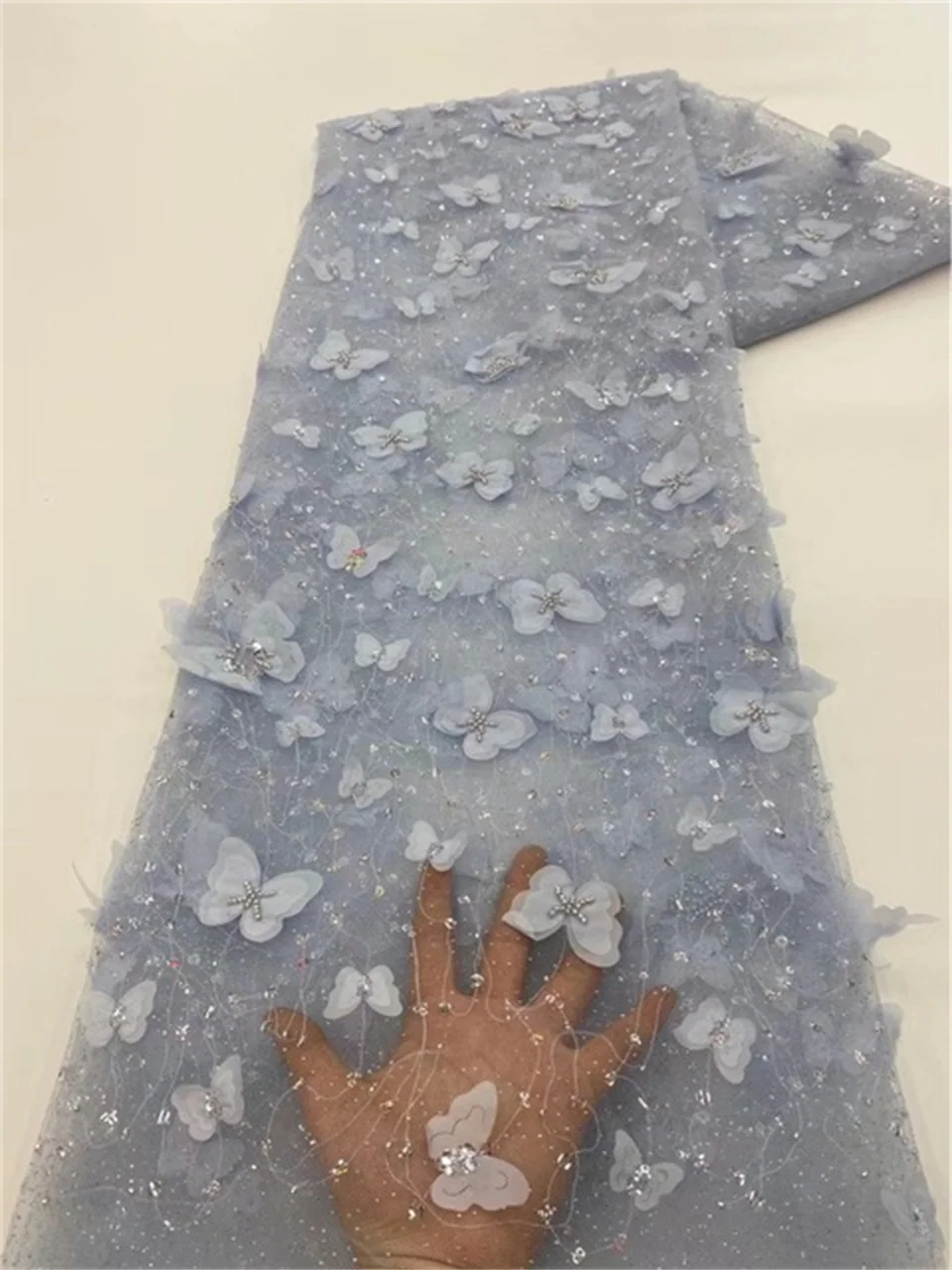PGC 5 Yards French 3D Flower Mesh Tulle 2025 Lace Fabric With new Beads African Sequins Applique Nigerian Fabric For Wedding Party