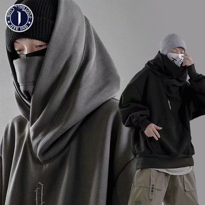 QWEEK Hooded Sweatshirts Gothic Harajuku Pullover Hiphop Black Hoodie Oversize BF Style Dark Turtleneck Casual Punk Clothes Cool