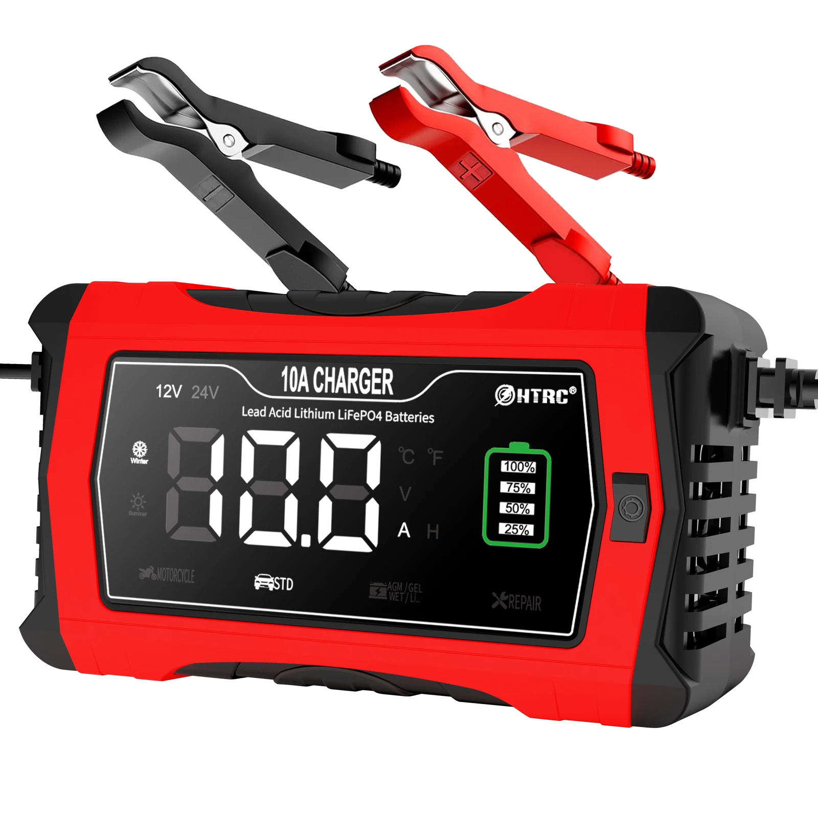 HTRC 12V 24V 10A Automatic Charging For Lithium LiFePO4 AGM GEL Lead-Acid Battery Motorcycle Charger 7-Stage Car Battery Charger