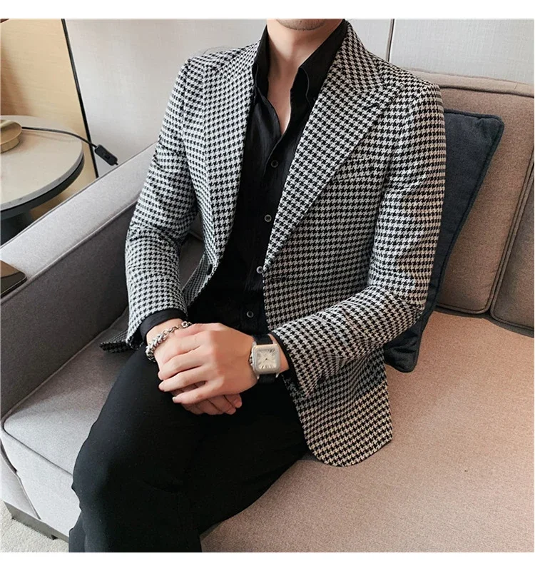 Houndstooth Men's Blazer British's Style Casual Slim Fit Suit Jacket Male Plaid Blazers 1 Pc Single Breasted Men Coat 2024