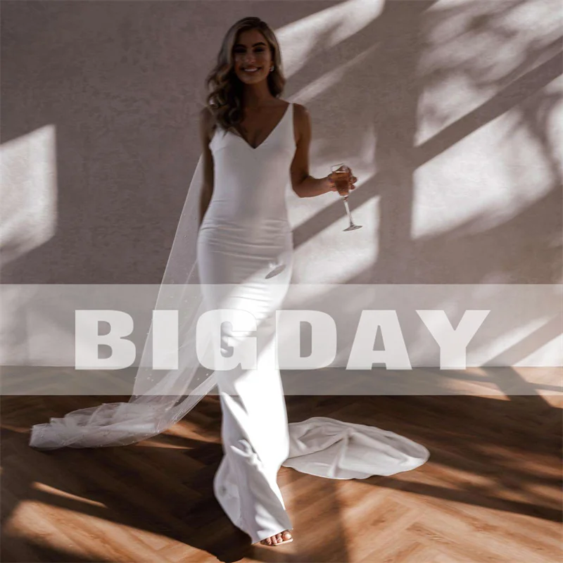 Elegant Mermaid Wedding Dresses Women Open Back V-Neck Spaghetti Straps Satin Simple Bridal Gowns Sweep Train Vestidos De Noiva