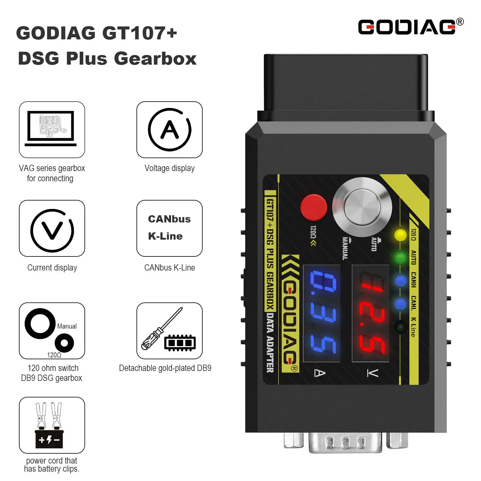 GODIAG GT107+ DSG Plus Gearbox Data 2025 Adapter For VAG Gearbox Connecting CANBUS K-line new Voltage Display For Benz/ DQ250 ETC