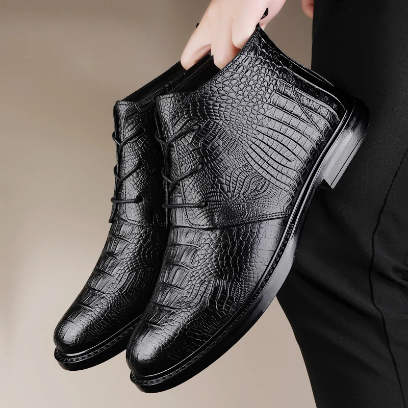 Men's Shoes Genuine Leather Ankle Boots Men Stylish Men Winter Plush Snow Boots Lace-Up Crocodile Pattern Men Motorcycle Boots