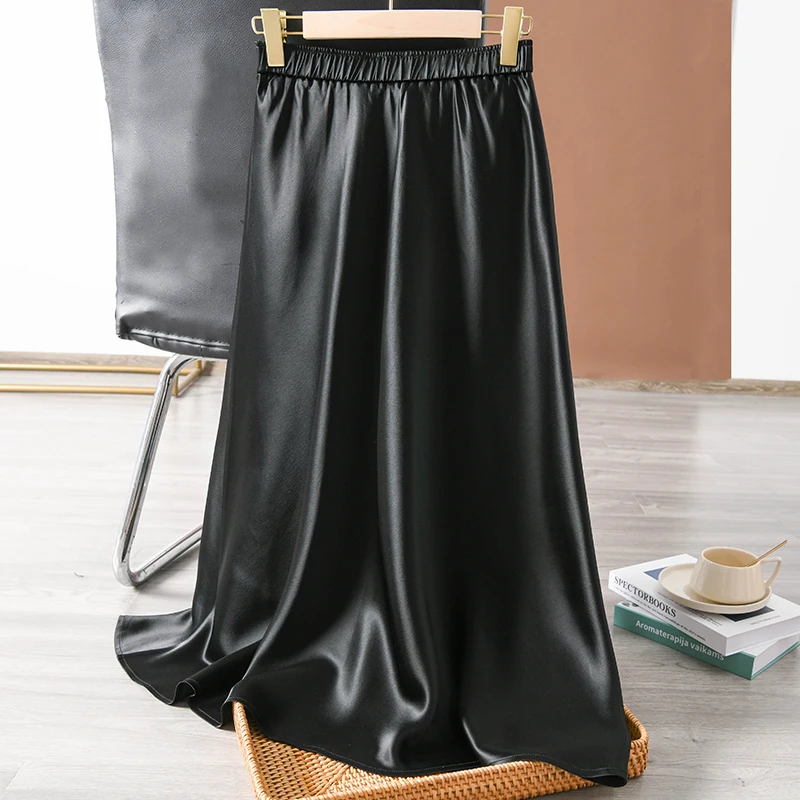 Glossy Acetic Acid Satin Skirt Women's 2023 Spring Autumn New Mid Length Elegant Mature Series Dropped Slim A-line Skirt 6XL smile
