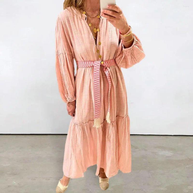Casual Dresses Spring Soft Dress Pleated Detail Bohemian Beach Maxi With V-neck Bubble Sleeves Womens Loose Patchwork A-line